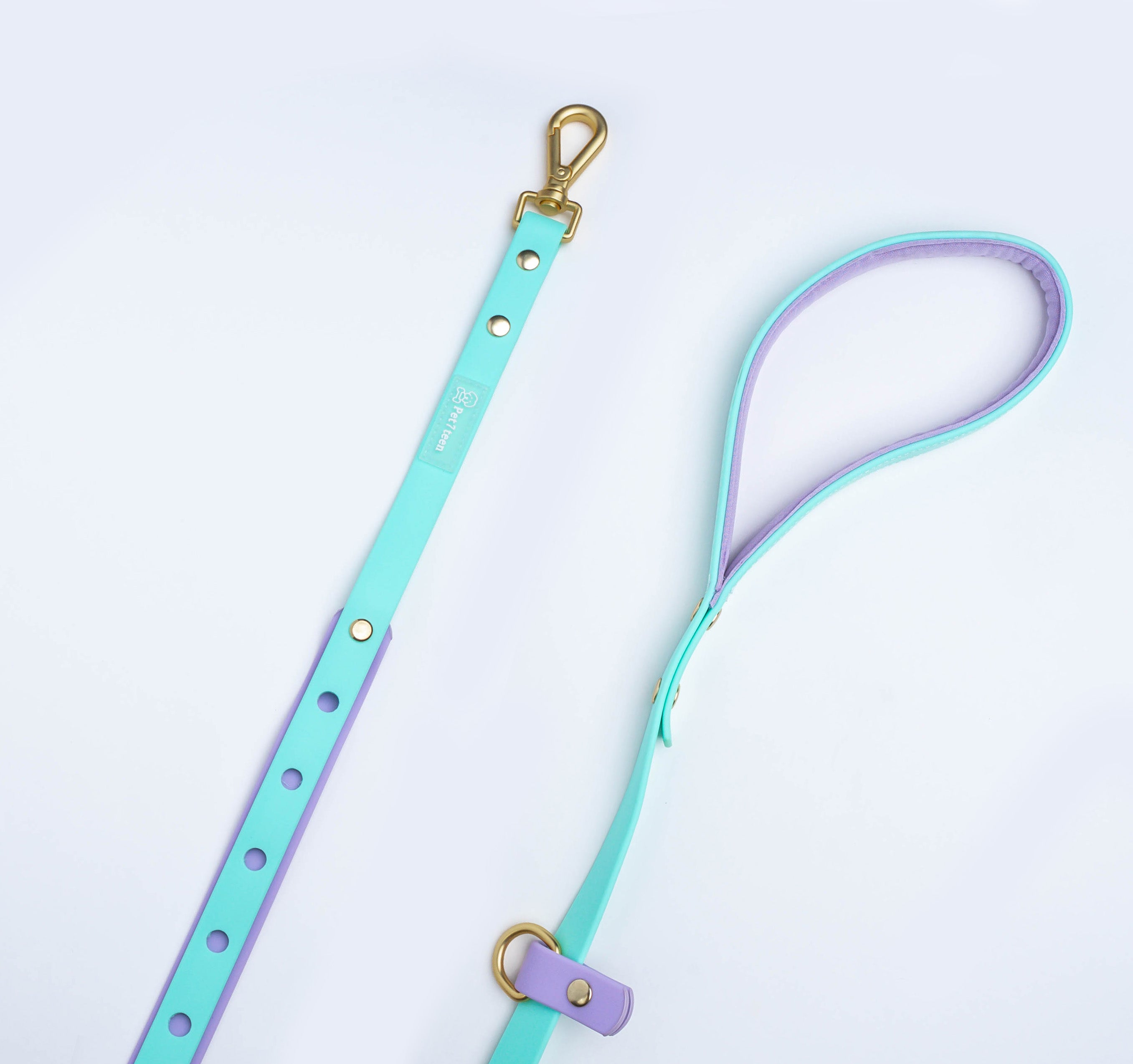Dog leash mint & lavander color. Handle comfortable, d ring gold tone, odor free,  washable, waterproof. 