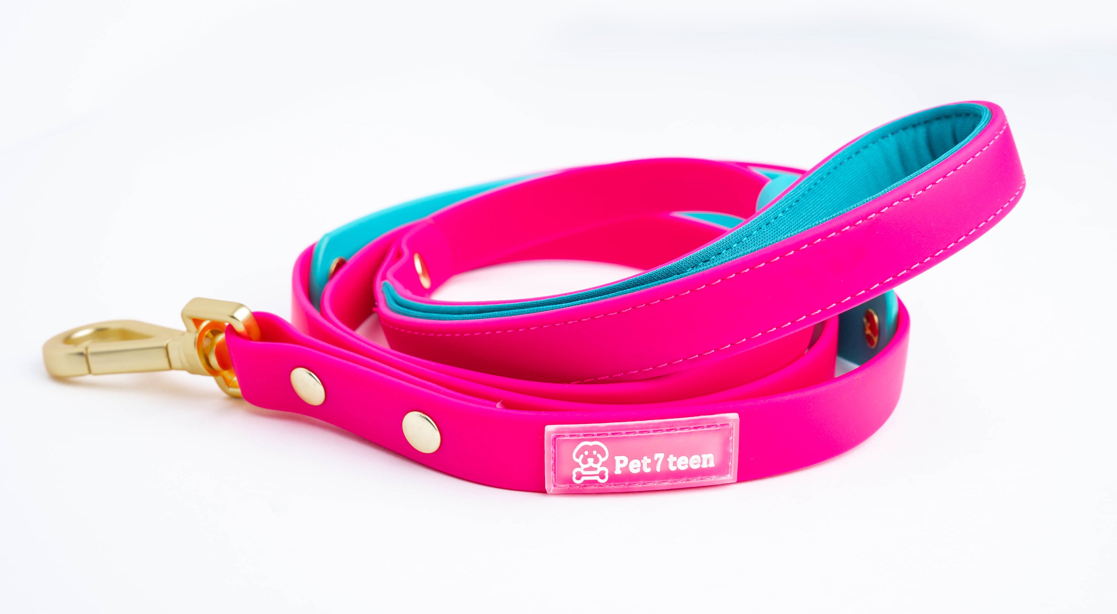 Dog leash with handle comfortable, gold tone hardware. Water resistant, pvc, silicone sof material. 