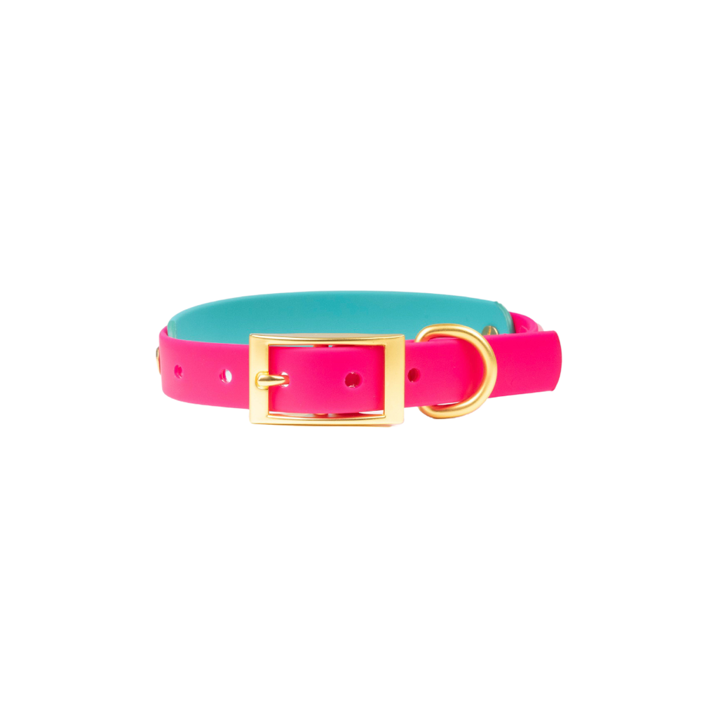  Dog collar teal and pink color, soft silicone or  pvc, water resistant, odor free. Hardware in gold-tone. 