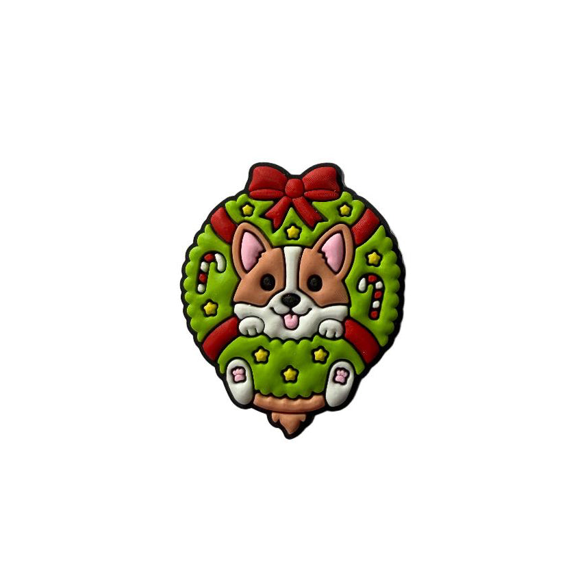 Christmas wreath with a cute dog inside, in pvc material soft silicon to be add as a charm in dog collars and leahes. 