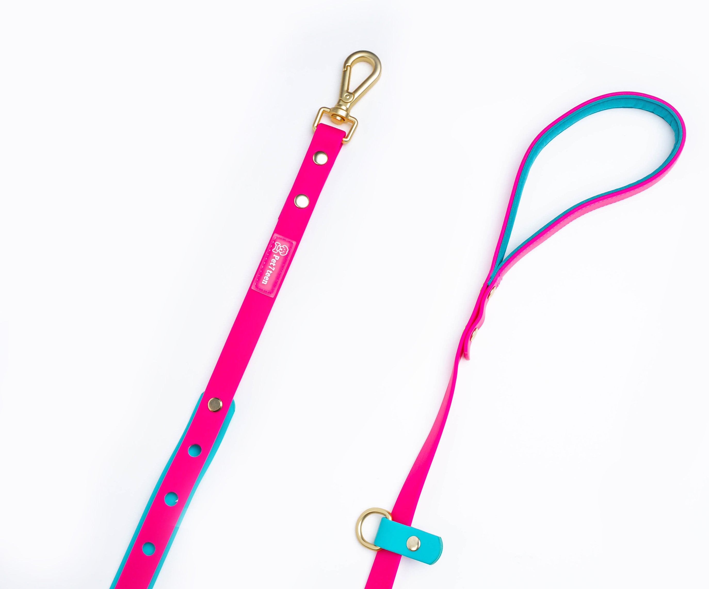 Berry Pop & Teal Splash Leash for dog, water resistant, odor free, to add pins. Color pink and pvc sof silicone material. Gold rivets. 