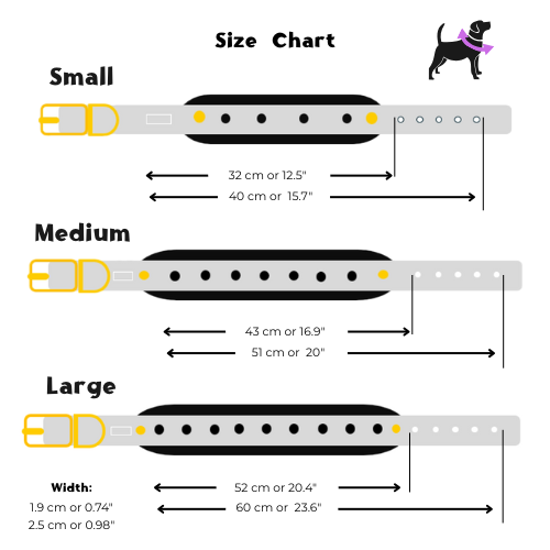 Dog collar size chart. Small, Medium and Large Pet7teen. Ajustable collar dog. 